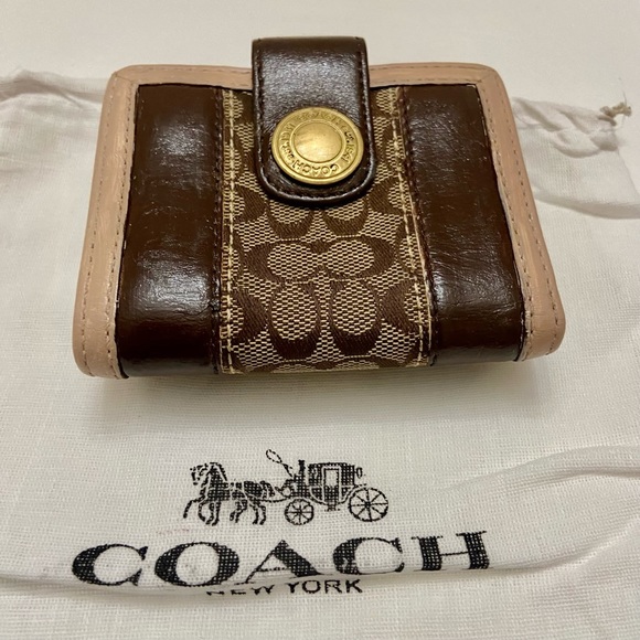 Coach Brown Mono Canvas-Beige- BrownLeather Trifold Compact Wallet with Dust Bag - Picture 1 of 12